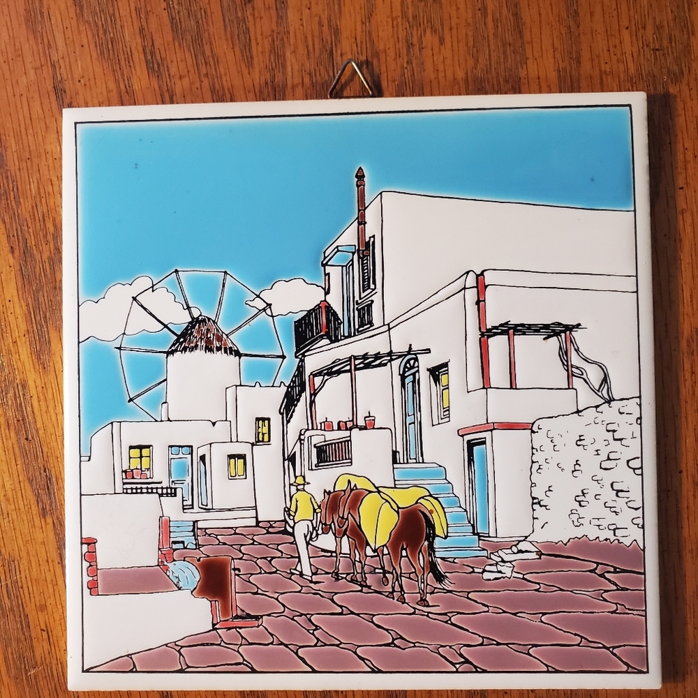 VINTAGE Niarchos Hellas Handmade Tile Greek Village Scene